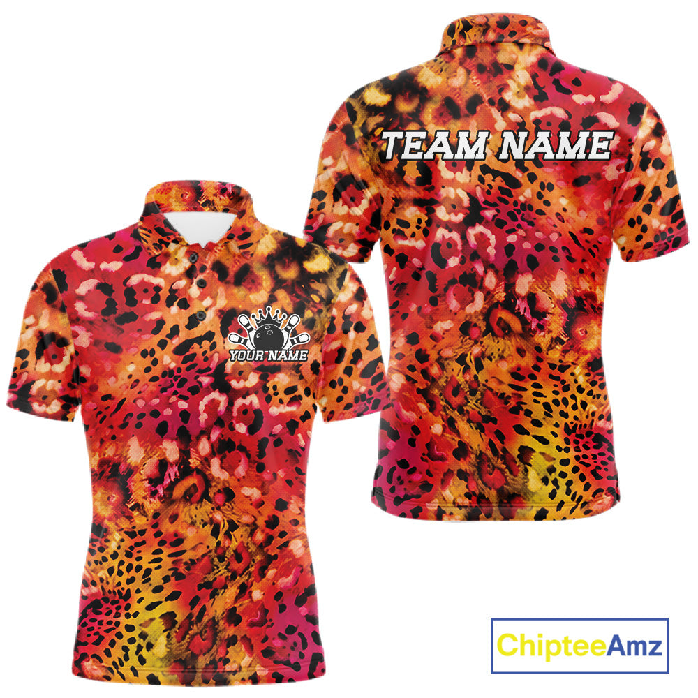 Front and back views of a red, orangw, and black leopard-print bowling shirt with customizable “Your Name” and “Team Name” text.
