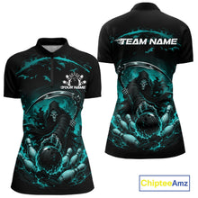 Load image into Gallery viewer, Front and back view of a women's bowling quarter zip mockup featuring a grim reaper commanding a blazing bowling ball crashing into scattered pins through swirling flames on a black and cyan blue shirt.