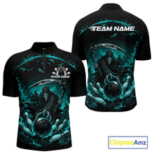 Load image into Gallery viewer, Front and back view of a men's bowling quarter zip shirt mockup showcasing a grim reaper reaching through swirling flames to command a blazing bowling ball crashing into scattered pins on a black and cyan blue shirt.