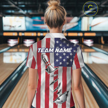 Load image into Gallery viewer, Custom US Flag Silver Bowling Ball And Pin Patriotic Bowling Shirts For Women Team Jerseys IPHW10588