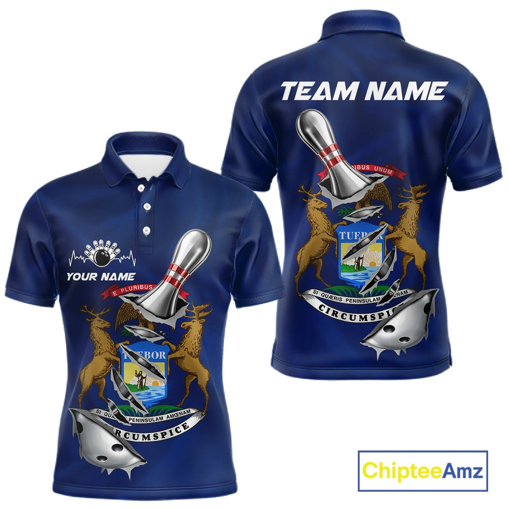 Custom Michigan State Flag Silver Bowling Ball And Pin Patriotic Bowling Shirts For Men IPHW10589