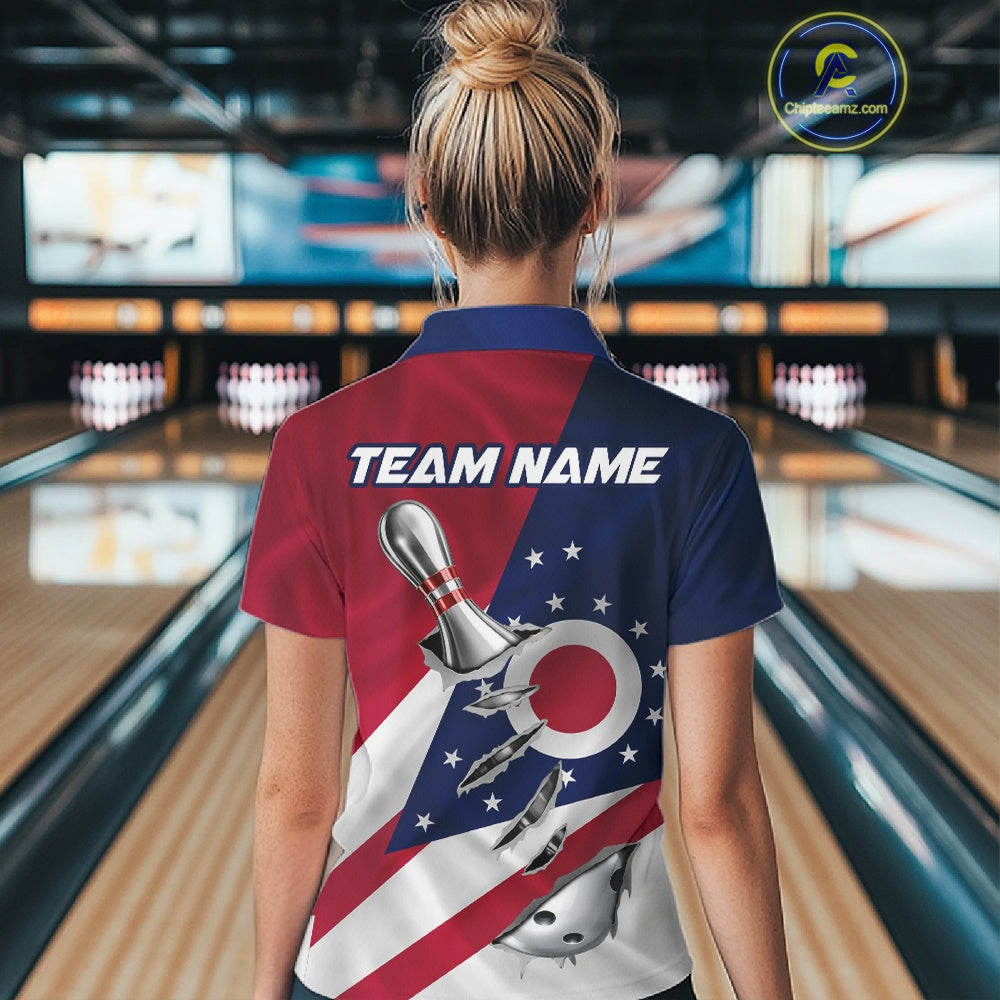 Custom Ohio State Flag Silver Bowling Ball And Pin Patriotic Bowling Shirts For Women IPHW10590