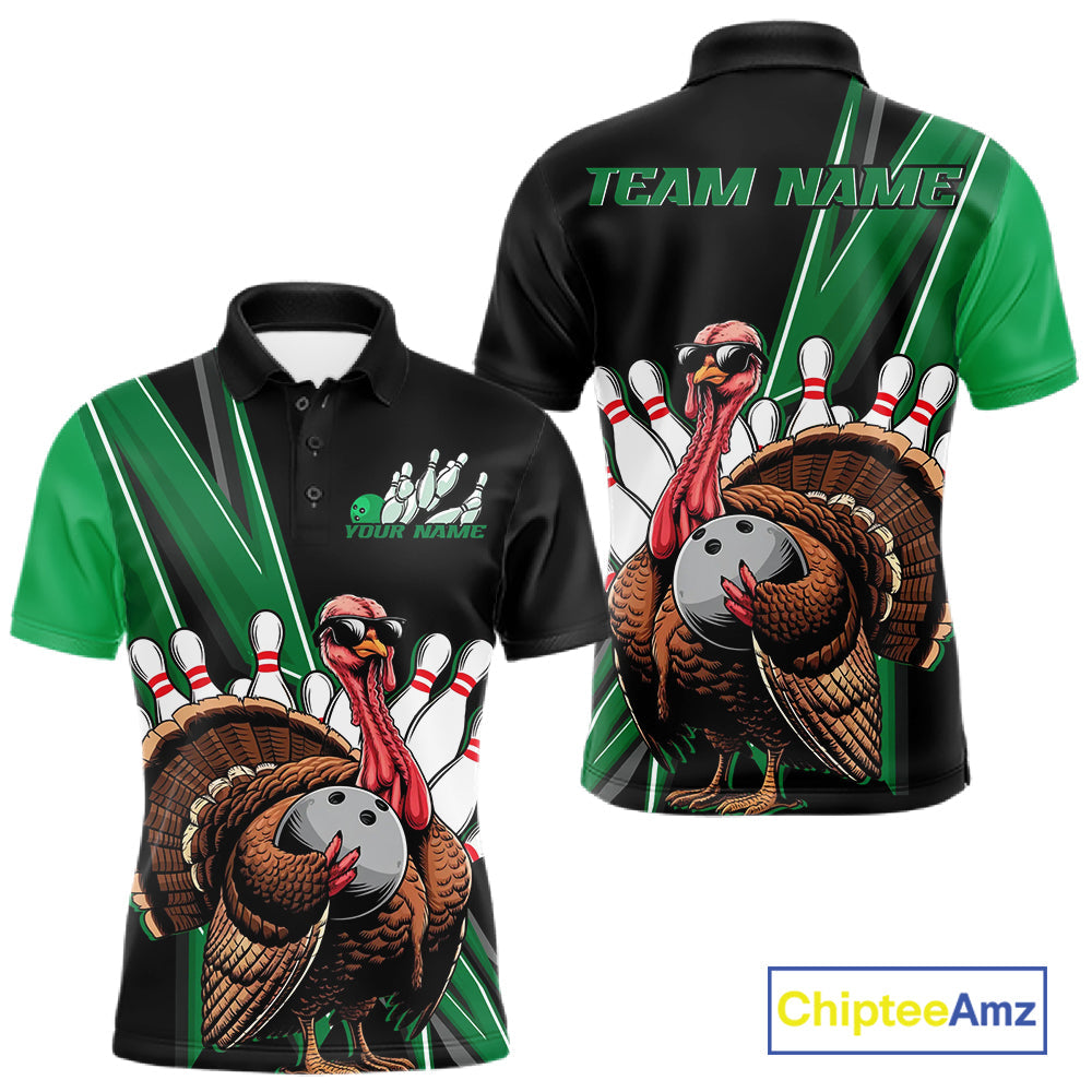 Black And Green Custom Funny Turkey Bowling Men Shirts, Bowling League Team Shirt IPHW10801