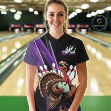 Load image into Gallery viewer, Black And Purple Custom Funny Turkey Bowling Women Shirts, Bowling League Team Shirt IPHW10802