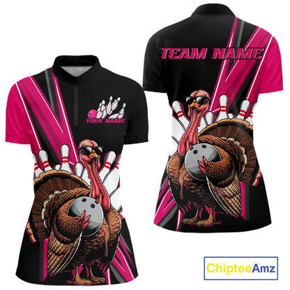 Black And Pink Custom Funny Turkey Bowling Women Shirts, Bowling League Team Shirt IPHW10803