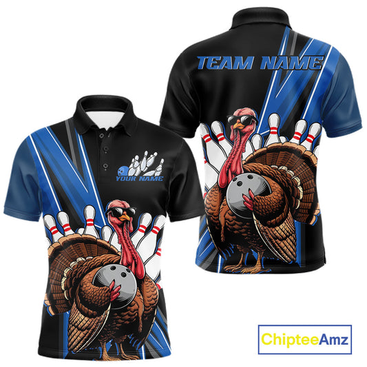 Black And Blue Custom Funny Turkey Bowling Men Shirts, Bowling League Team Shirt IPHW10804