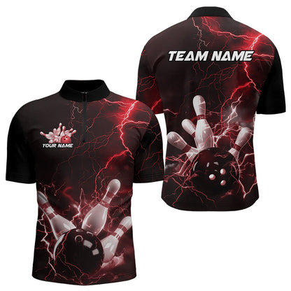 Custom Black And Red Thunder Lightning Bowling Tournament Quarter-Zip Shirts For Men IPHW8521