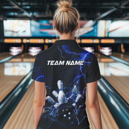 Custom Black And Blue Thunder Lightning Bowling Tournament Quarter-Zip Shirts For Women IPHW8522