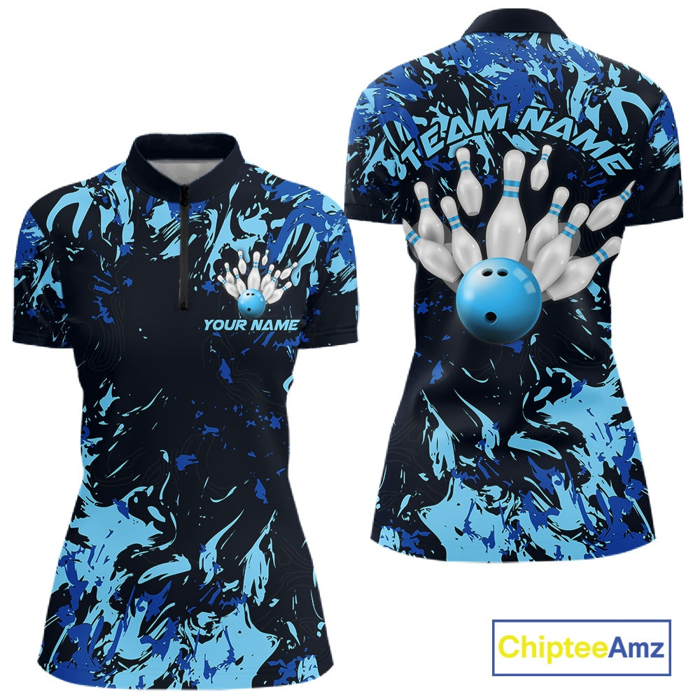 Custom Blue Camo Women Bowling League Shirt, Bowlers Jerseys Bowling Tournament Outfit IPHW10617