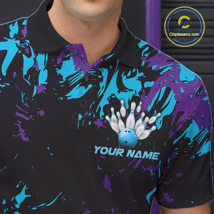 Custom Blue And Purple Camo Men Bowling League Shirt, Bowlers Jerseys Tournament Outfit IPHW10618