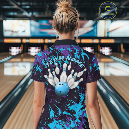 Custom Blue And Purple Camo Women Bowling League Shirt, Bowlers Jersey Tournament Outfit IPHW10618