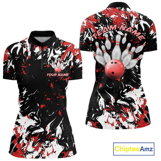 Custom Black, Red And White Camo Women Bowling League Shirt, Bowlers Jerseys Outfits IPHW10619