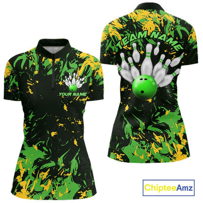 Custom Green And Yellow Camo Women Bowling League Shirt, Bowler Jersey Tournament Outfit IPHW10620