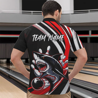 Custom Black And Red Shark Bowling Quarter-Zip Shirts For Men,  Shark Bowling Team Jerseys IPHW8722