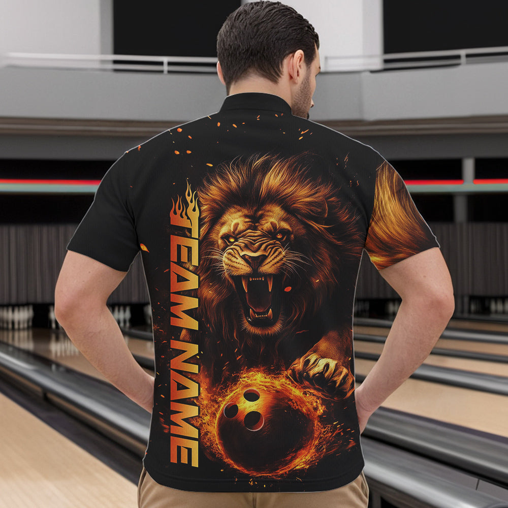 Custom Fire Flame Lion Bowling Team Quarter-Zip Shirts For Men, Lion Bowling Tournament Shirt IPHW8979