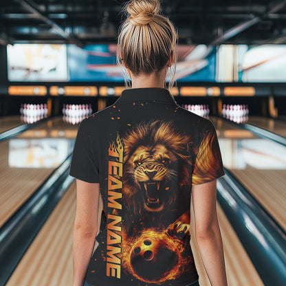 Custom Fire Flame Lion Bowling Team Quarter-Zip Shirt For Women, Bowling Tournament Shirt IPHW8979