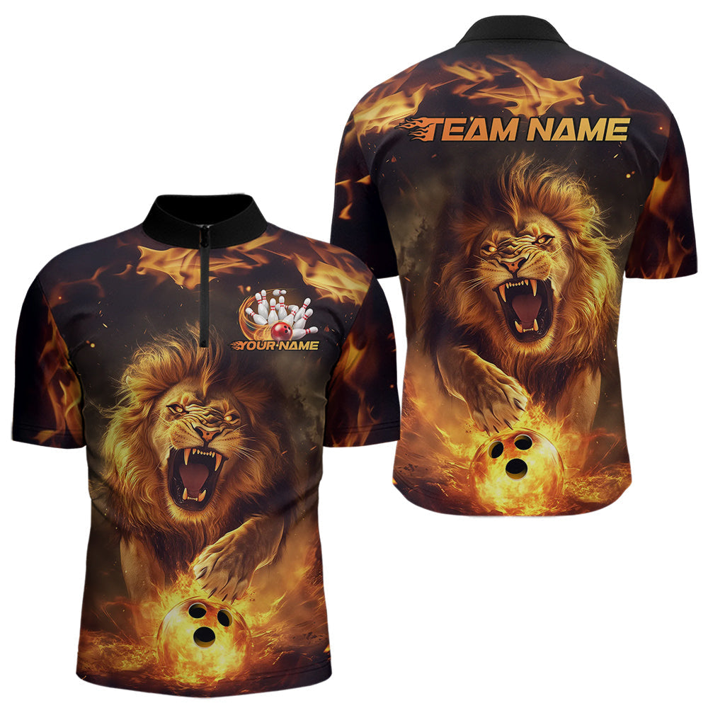 Custom Fire Flame Lion Bowling Quarter-Zip Shirts For Men, Bowling League Shirt Team Uniform IPHW8980