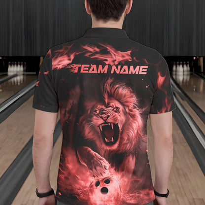 Custom Red Flame Lion Bowling Polo Shirts For Men, Bowling League Shirt Team Uniform IPHW8981