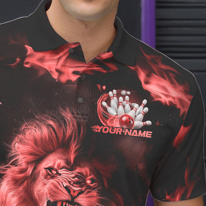 Custom Red Flame Lion Bowling Polo Shirts For Men, Bowling League Shirt Team Uniform IPHW8981