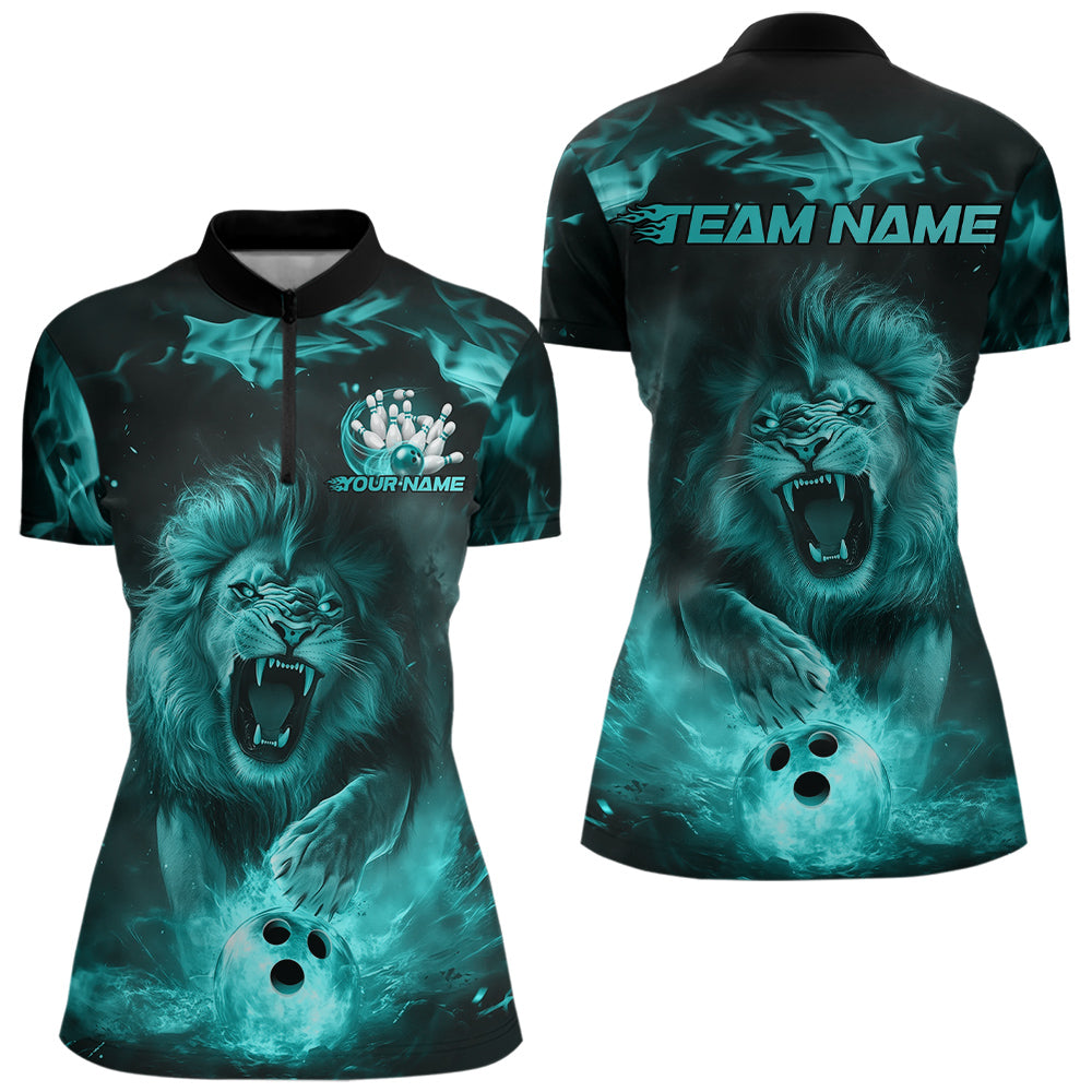 Custom Blue Flame Lion Bowling Quarter-Zip Shirts For Women, Bowling Team Uniform IPHW8982