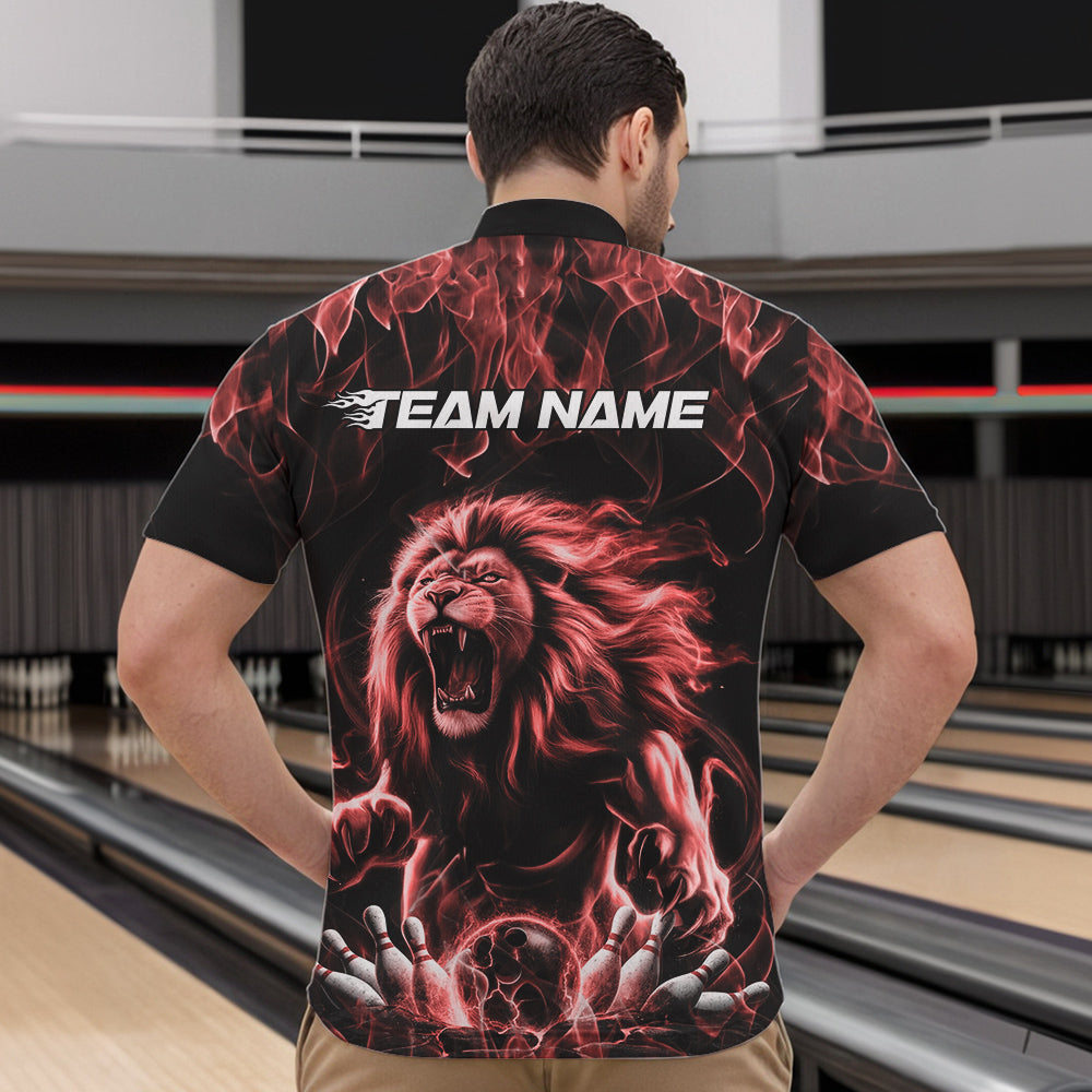 Custom Black And Red Flame Lion Bowling Men Quarter-Zip Shirts, Lion Bowling Team Uniform IPHW8983