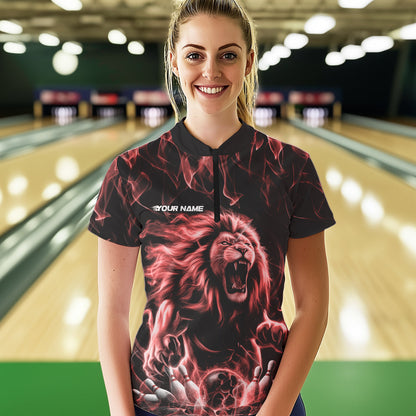 Custom Black And Red Flame Lion Bowling Women Quarter-Zip Shirts, Lion Team Uniform IPHW8983