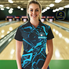 Load image into Gallery viewer, Custom Black And Blue Lightning Crack Modern Bowling Team Polo Shirt For Women And Women IPHW11098