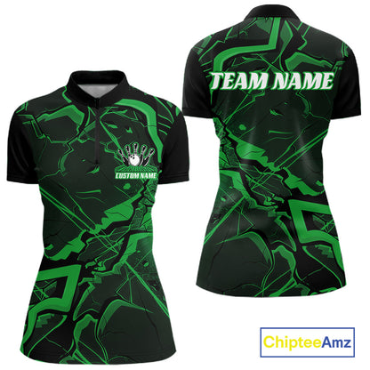 Front and back womens bowling quarter-zip mockup with a black and green cracked geometric pattern and futuristic angular design.