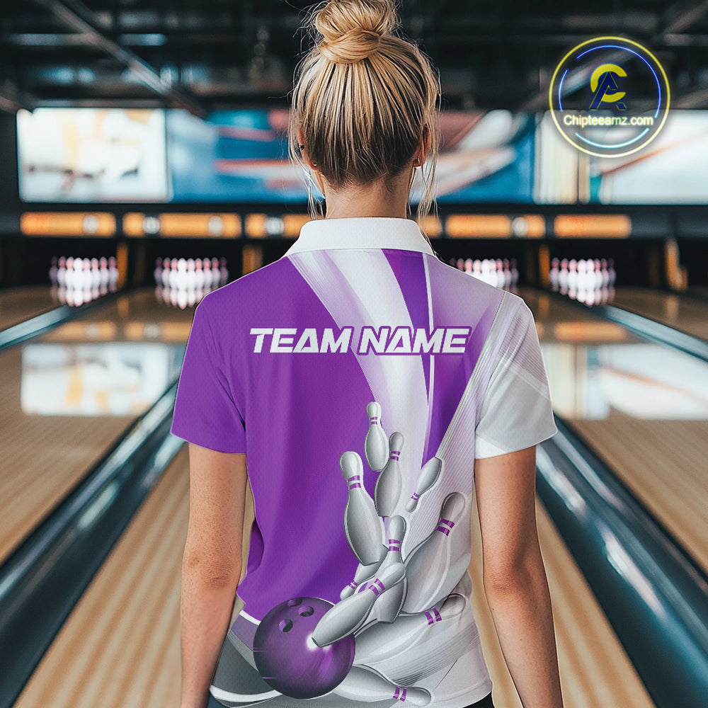 Custom Purple Bowling Polo Shirts For Women, Bowling Team Shirt Bowlers Outfit IPHW9231
