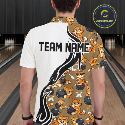 Custom Cute Funny Ginger Tabby Cat Bowling Men Polo Shirts, Cat Bowling Team Shirt IPHW10317
