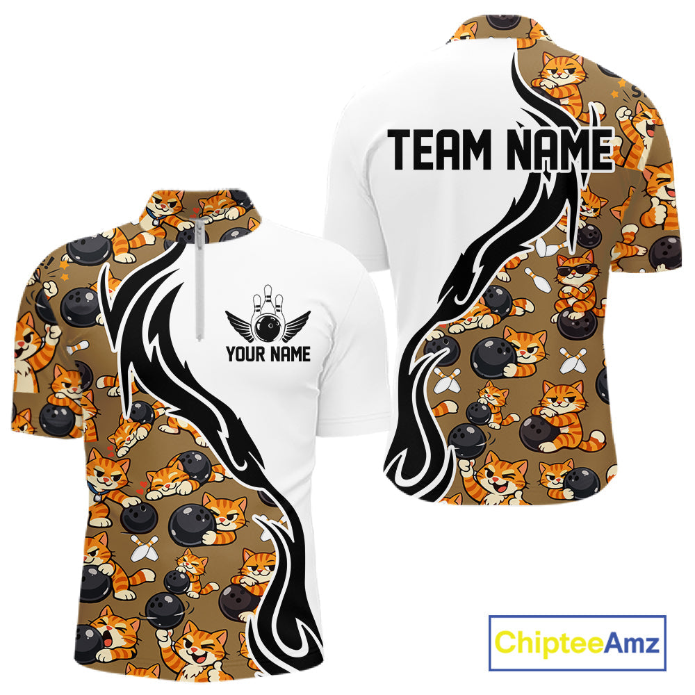 Custom Cute Funny Ginger Tabby Cat Bowling Men Quarter-Zip Shirts, Cat Bowling Team Shirt IPHW10317