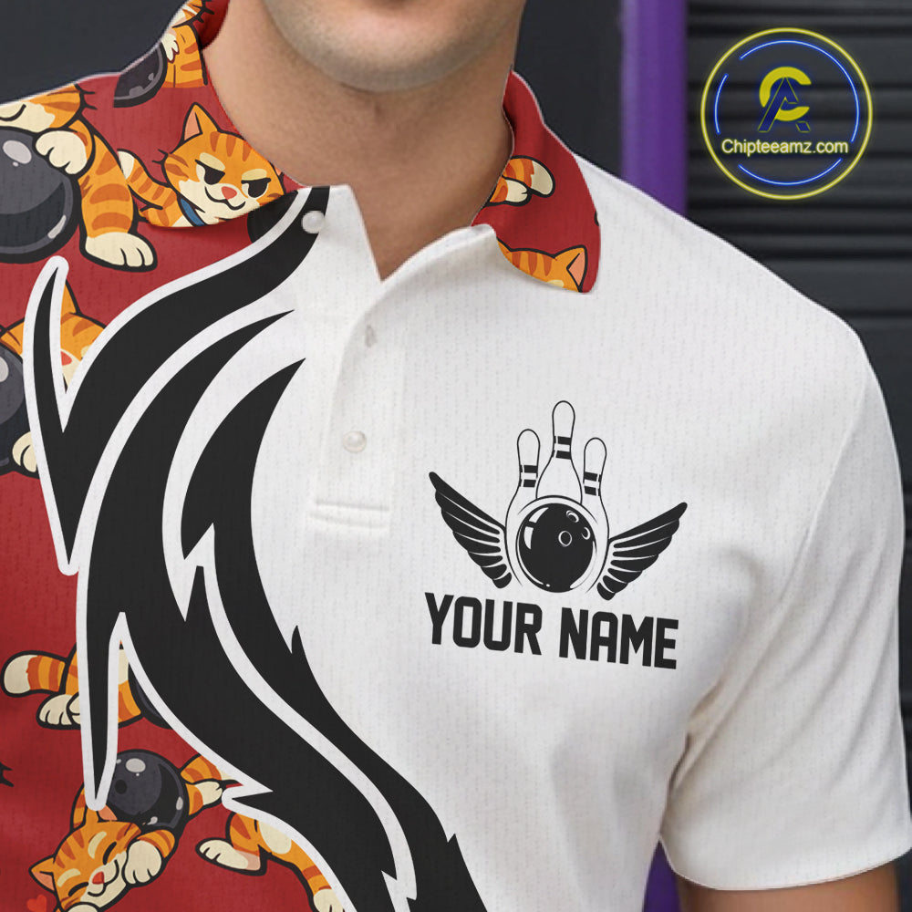 Custom Cute Funny Ginger Tabby Cat Bowling Men Polo Shirts, Cat Bowling Team Shirt IPHW10318