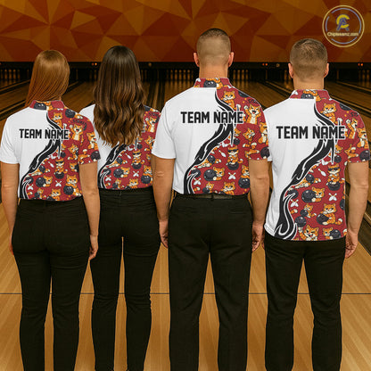 Custom Cute Funny Ginger Tabby Cat Bowling Men Polo Shirts, Cat Bowling Team Shirt IPHW10318