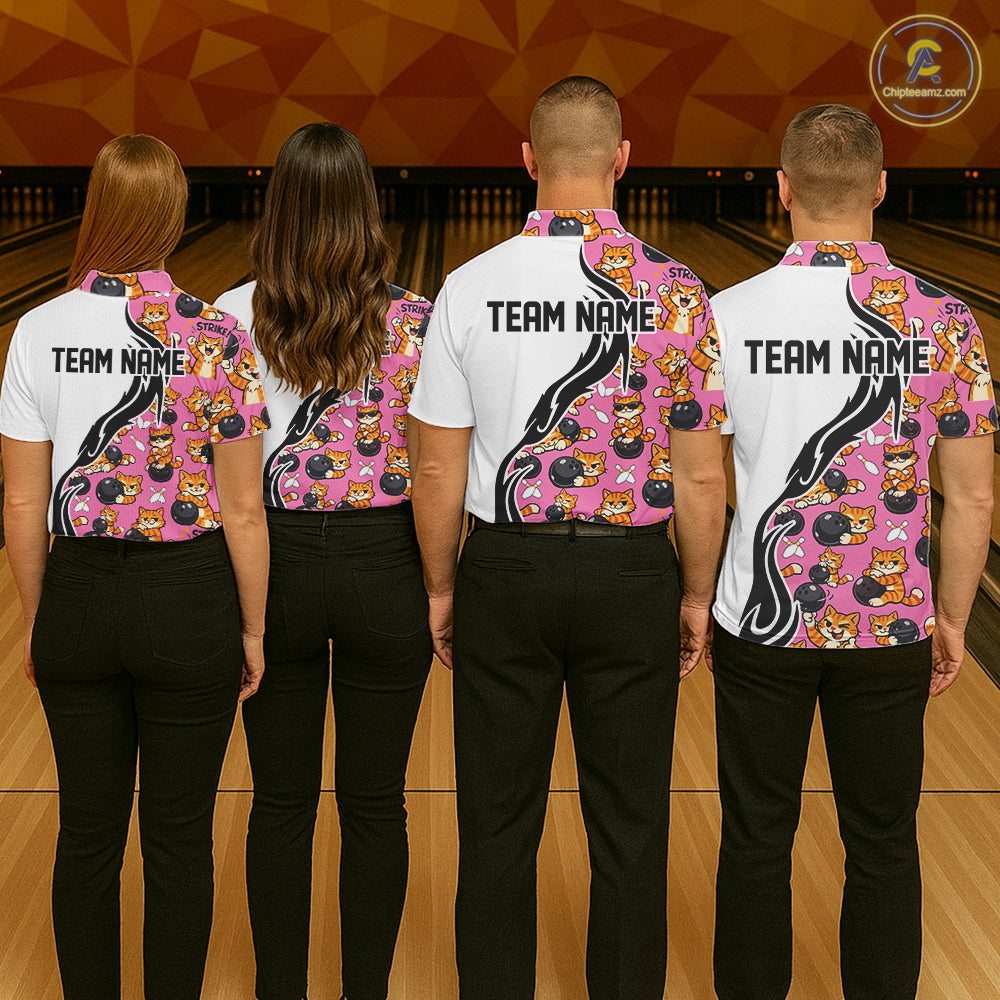 Custom Cute Funny Ginger Tabby Cat Bowling Men Polo Shirts, Cat Bowling Team Shirt IPHW10319