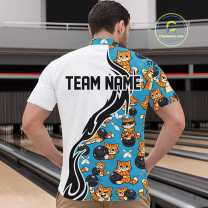 Custom Cute Funny Ginger Tabby Cat Bowling Men Quarter-Zip Shirts, Cat Bowling Team Shirt IPHW10320