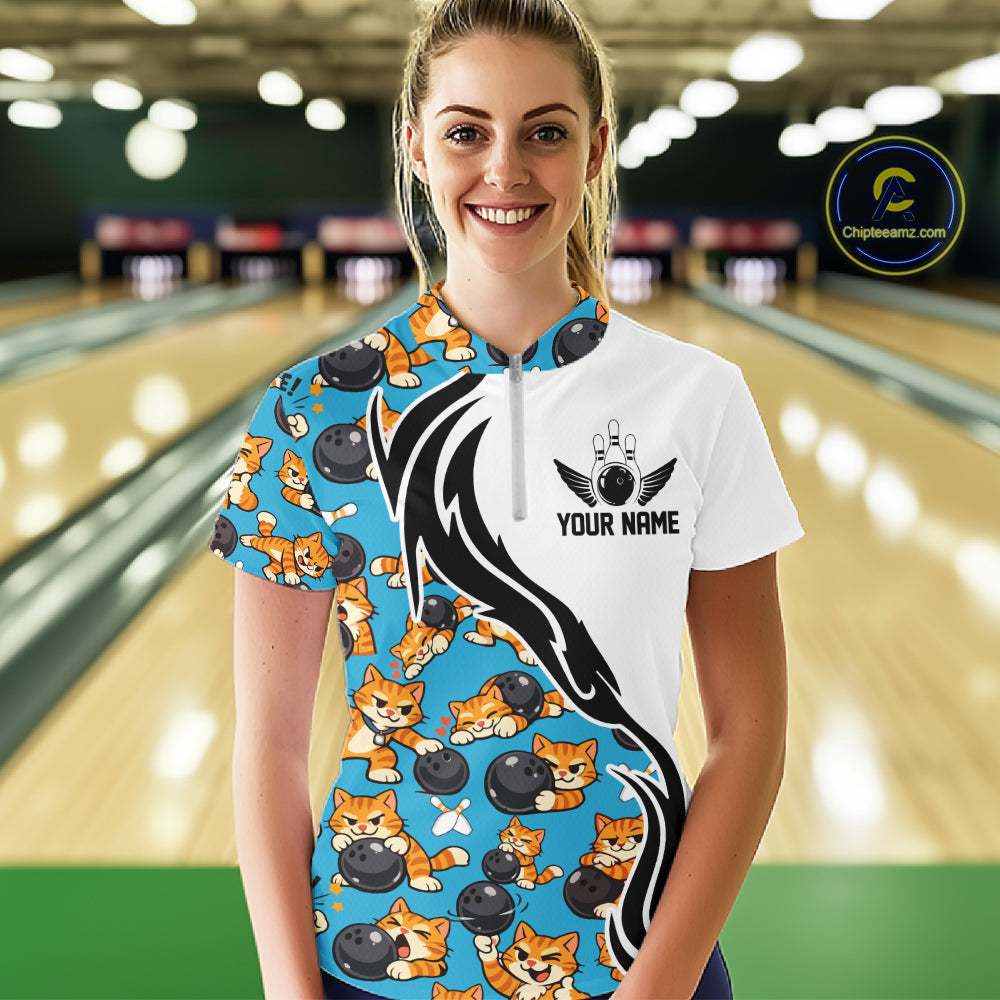 Custom Cute Funny Ginger Tabby Cat Bowling Women Quarter-Zip Shirts, Bowling Team Shirt IPHW10320