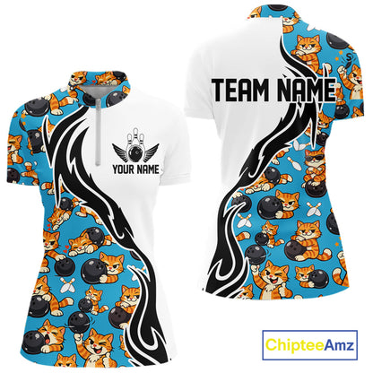 Custom Cute Funny Ginger Tabby Cat Bowling Women Quarter-Zip Shirts, Bowling Team Shirt IPHW10320