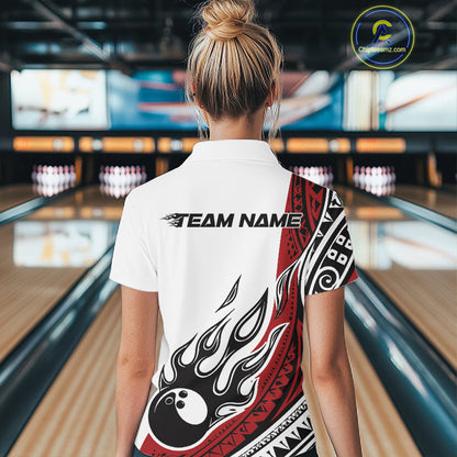 Custom Red Tribal Polynesian Pattern Women Bowling Team Shirt, Maori Style Bowling Outfit IPHW10326