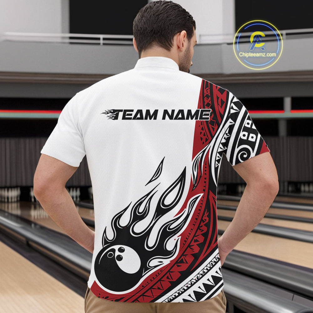 Custom Red Tribal Polynesian Pattern Men Bowling Team Shirt, Maori Style Bowling Outfit IPHW10326