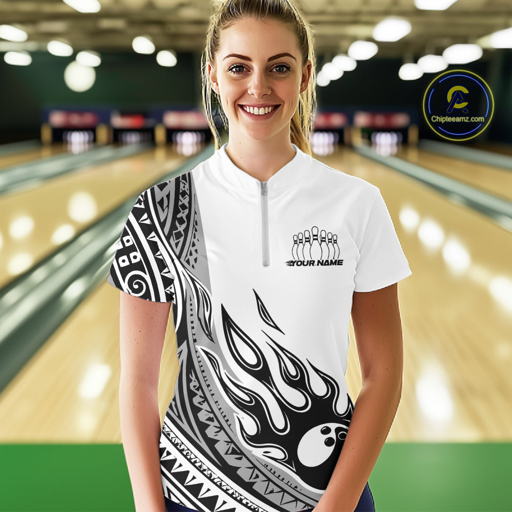 Custom Gray Tribal Polynesian Pattern Women Bowling Shirt, Maori Style Bowling Outfit IPHW10328