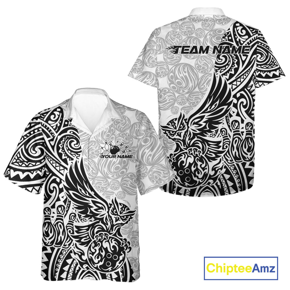 Custom Black And White Tribal Tattoo Pattern Polynesian Owl Bowling Men And Women Hawaiian Shirts IPHW10333