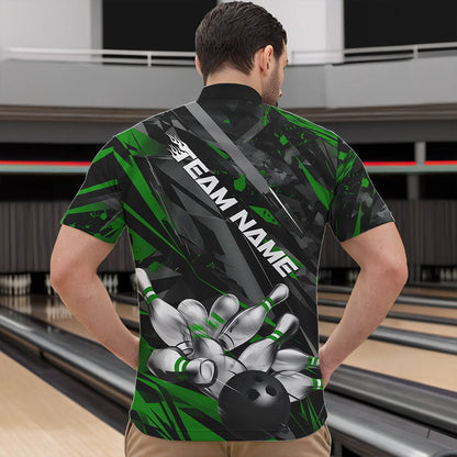 Custom Black And Green Bowling Quarter-Zip Shirts For Men, Bowling Tournament Team Uniform IPHW8529