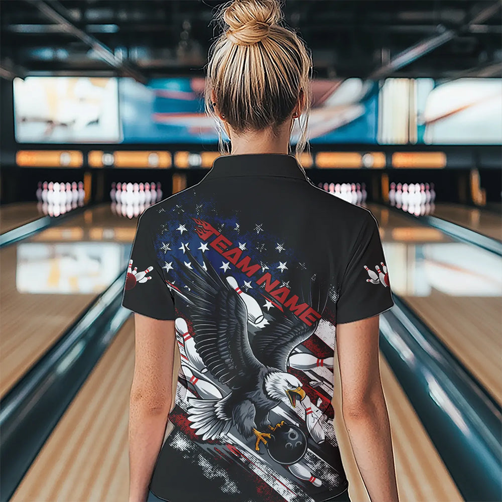 Personalized American Flag Eagle Women Bowling Polo Shirts, Patriotic Bowling League Shirt  IPHW8731