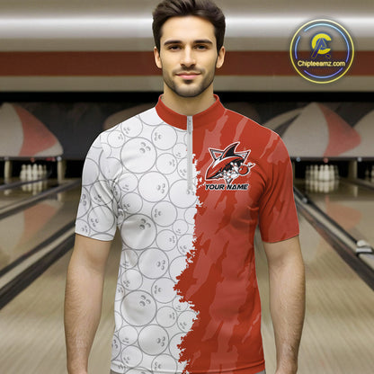 Custom White And Orange Shark Bowling Quarter-Zip Shirts For Men, Shark Bowling League Shirt IPHW8991