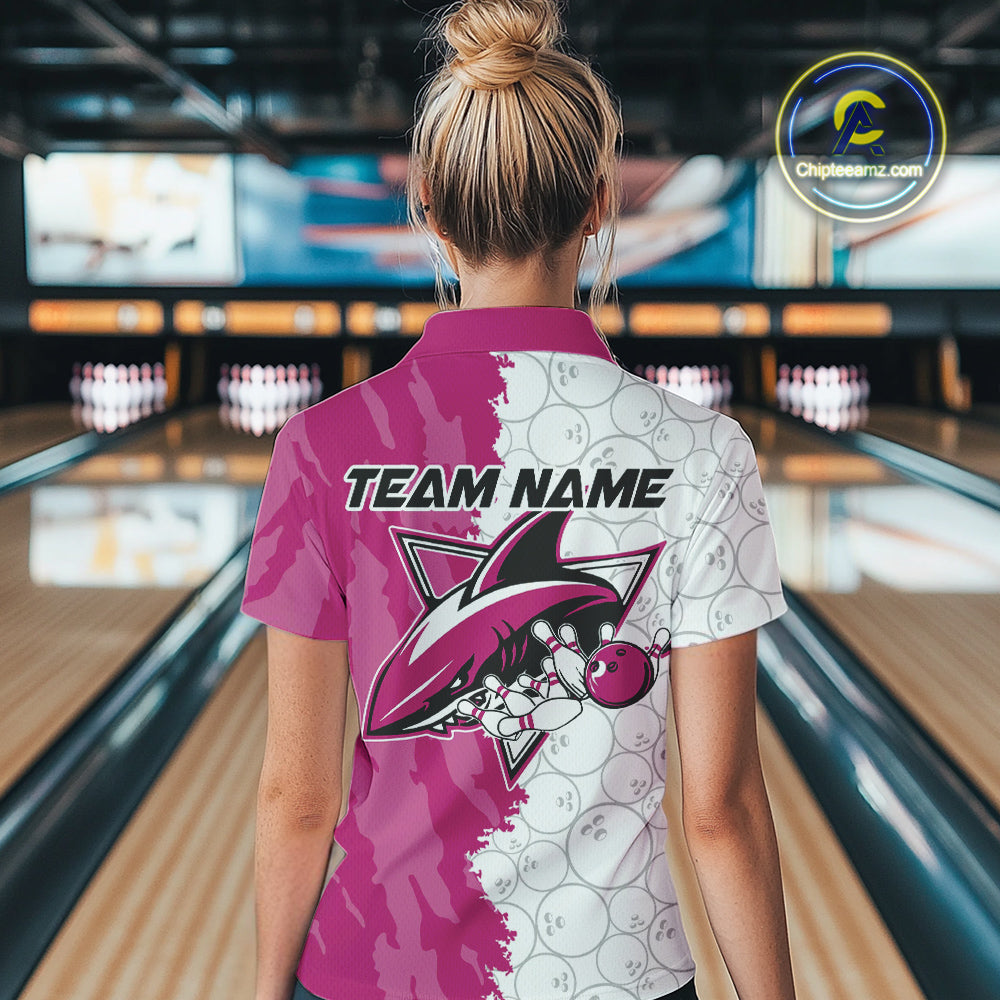 Custom White And Pink Shark Bowling Women Quarter-Zip Shirts, Shark Bowling League Shirt IPHW8992