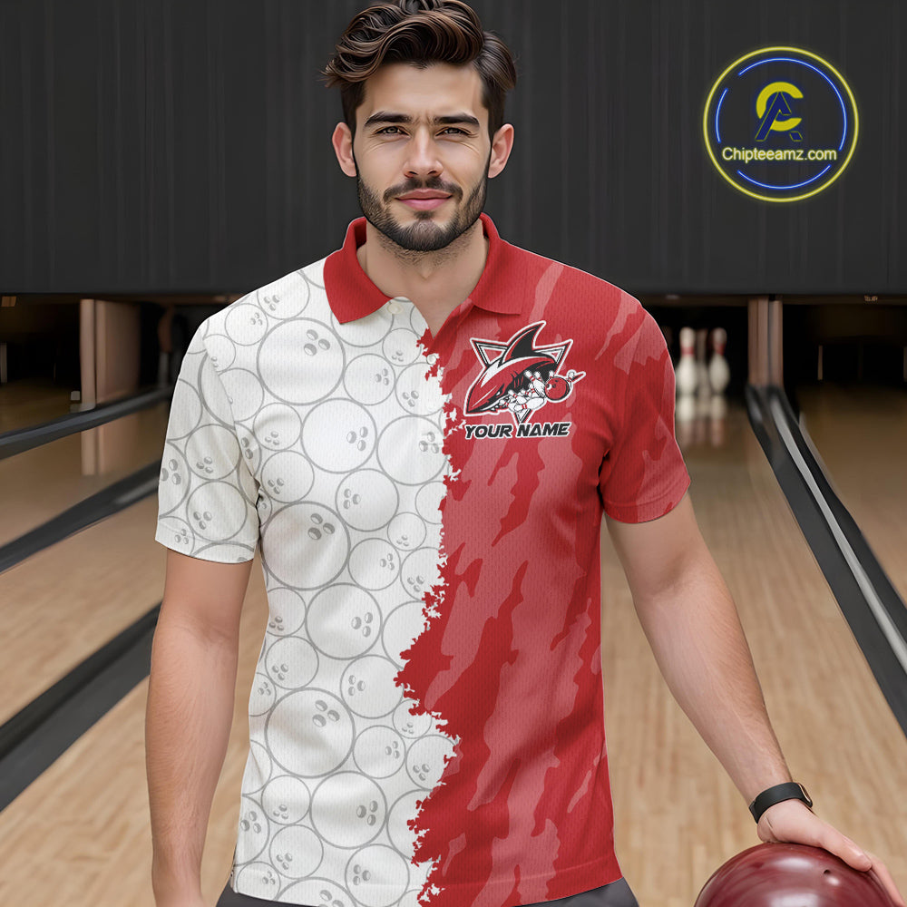 Custom White And Red Shark Bowling Polo Shirts For Men, Shark Bowling League Shirt IPHW8994