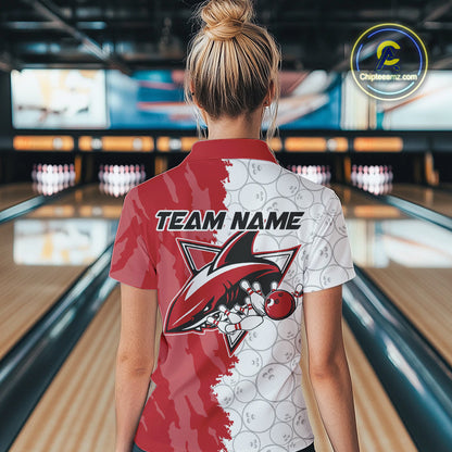 Custom White And Red Shark Bowling Women Quarter-Zip Shirts, Shark Bowling League Shirt IPHW8994