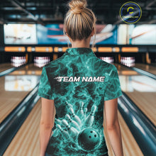 Load image into Gallery viewer, Custom Turquoise Blue Fire Flame Bowling Women Tournament Shirt, Team Bowling Jerseys IPHW11104