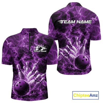 Front and back mens bowling quarter-zip featuring a purple bowling ball crashing through bowling pins with intense flame effects.