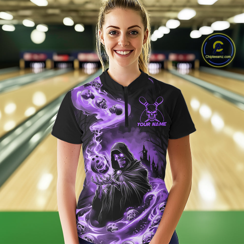 Black And Purple Grim Reaper Custom Halloween Bowling Team Shirts For Women, Bowling Gifts IPHW7613